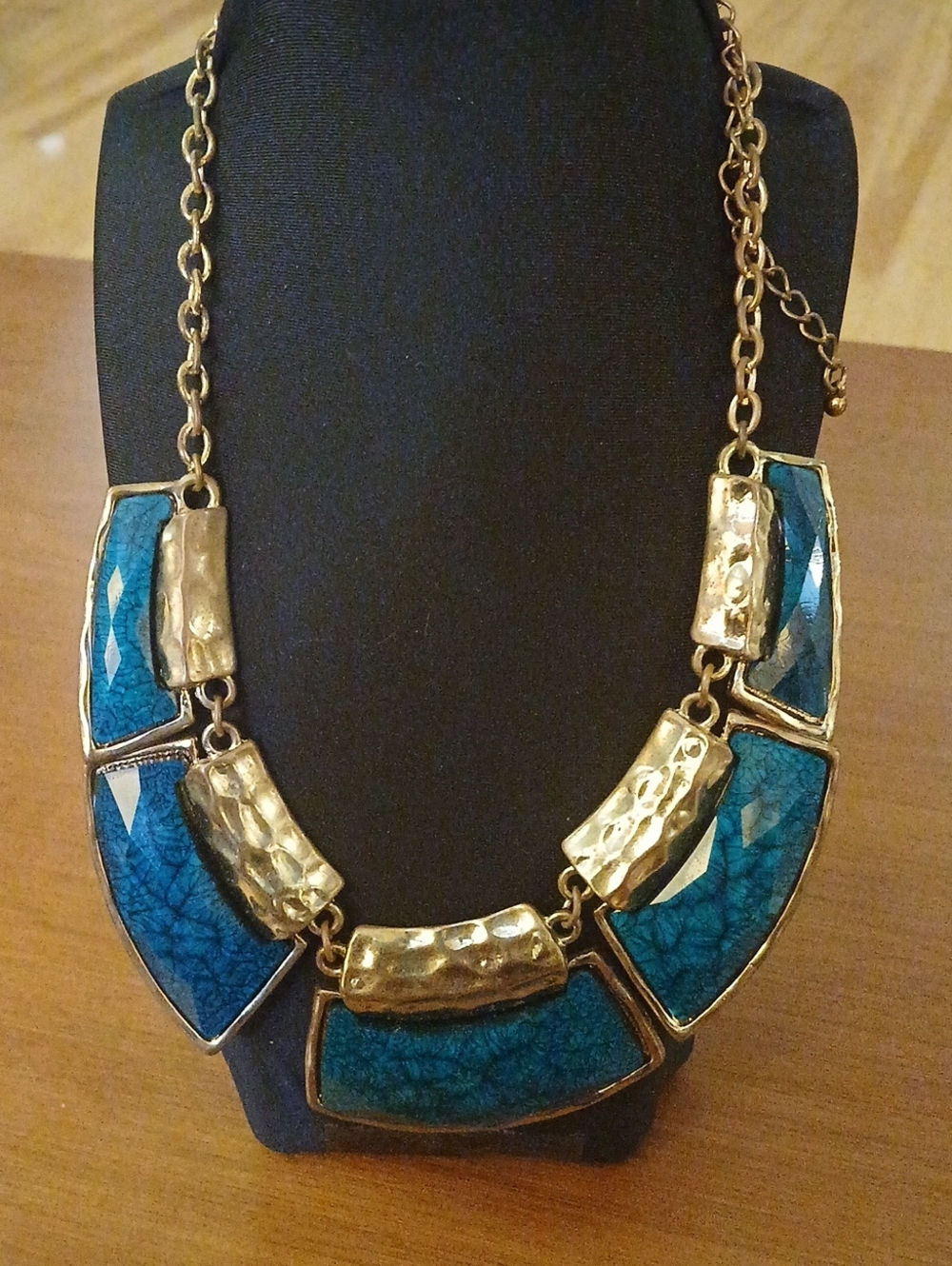 Vintage Gold Tone and Teal Statement Bib Necklace - Costume Jewelry